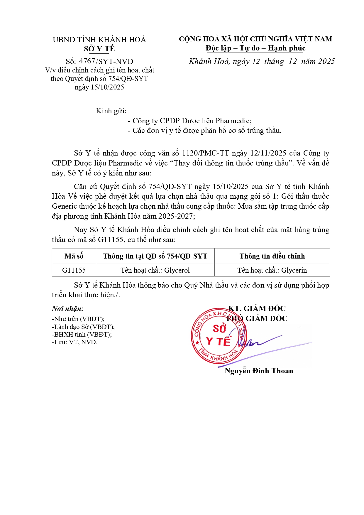 V/v điều chỉnh cách ghi tên hoạt chất theo Quyết định số 754/QĐ-SYT ngày 15/10/2025